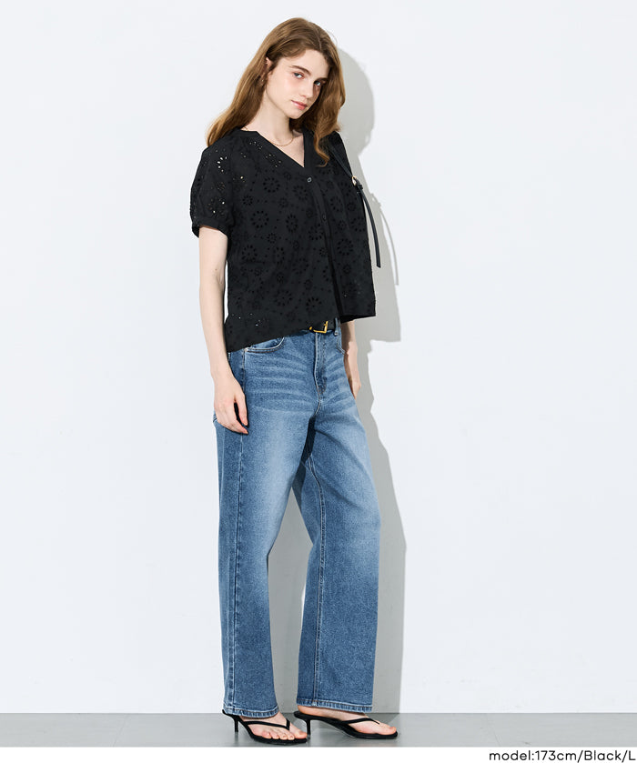 森系棉質蕾絲V領上衣 (Cotton punched lace Top)