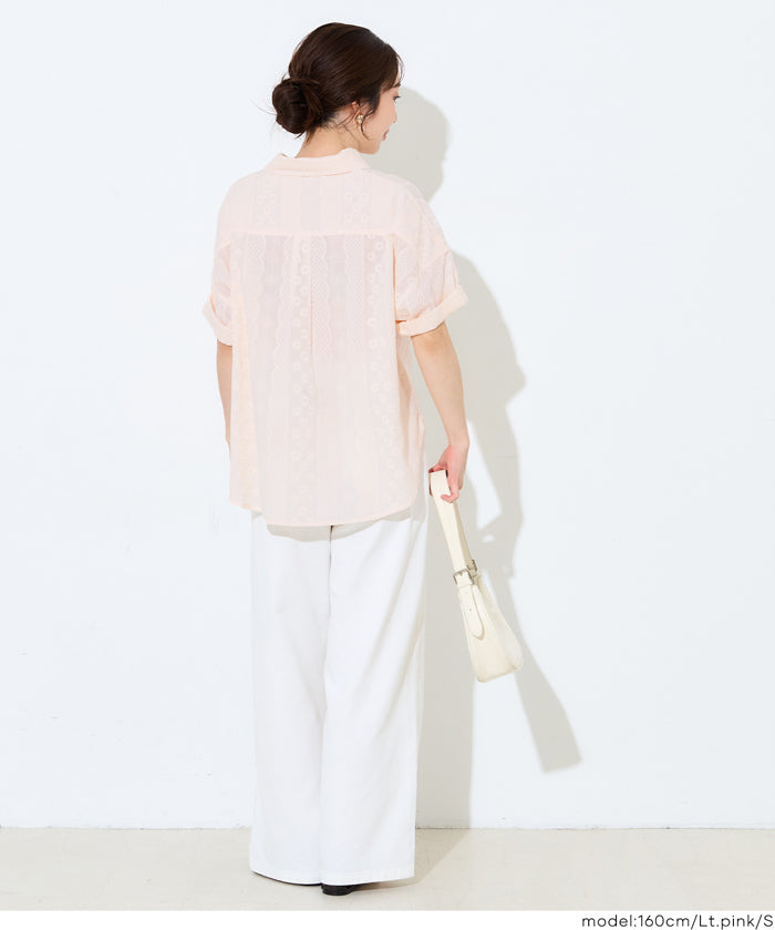 棉質小花蕾絲短袖襯衫 (Cotton lace oversized short-sleeved shirt)