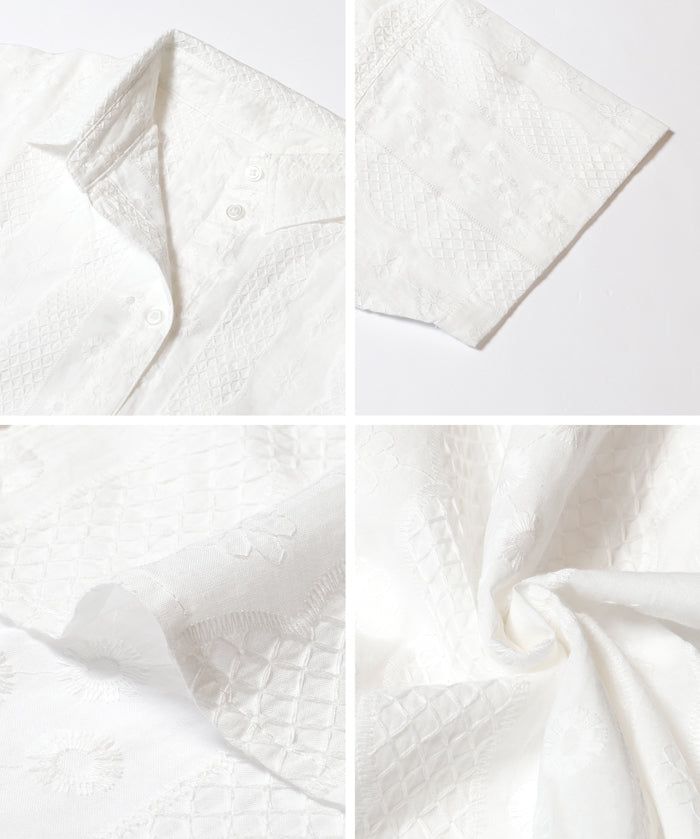 棉質小花蕾絲短袖襯衫 (Cotton lace oversized short-sleeved shirt)