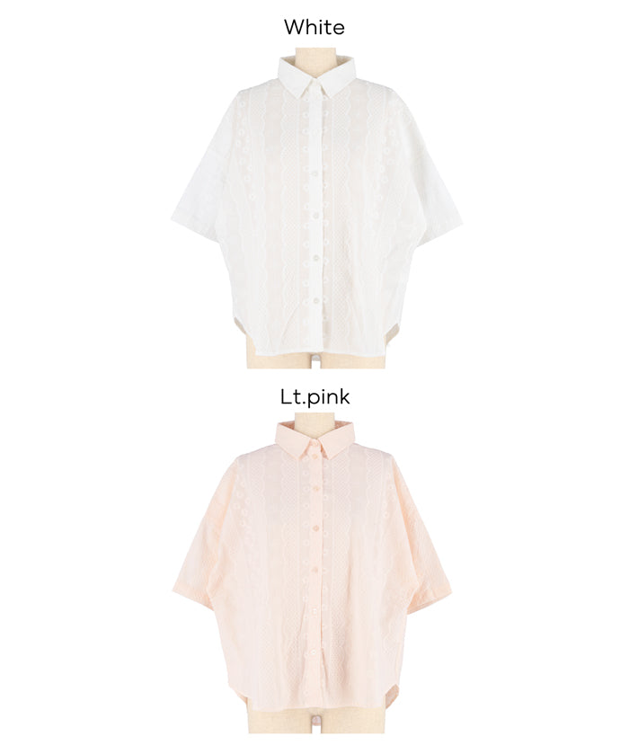 棉質小花蕾絲短袖襯衫 (Cotton lace oversized short-sleeved shirt)