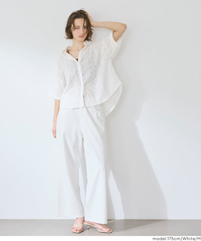棉質小花蕾絲短袖襯衫 (Cotton lace oversized short-sleeved shirt)