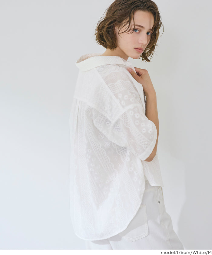 棉質小花蕾絲短袖襯衫 (Cotton lace oversized short-sleeved shirt)