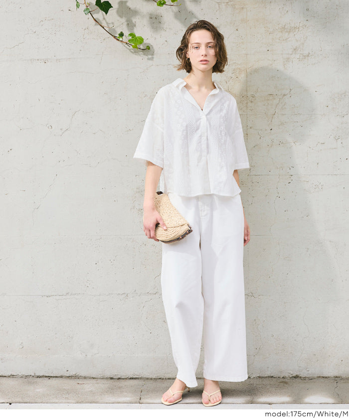 棉質小花蕾絲短袖襯衫 (Cotton lace oversized short-sleeved shirt)