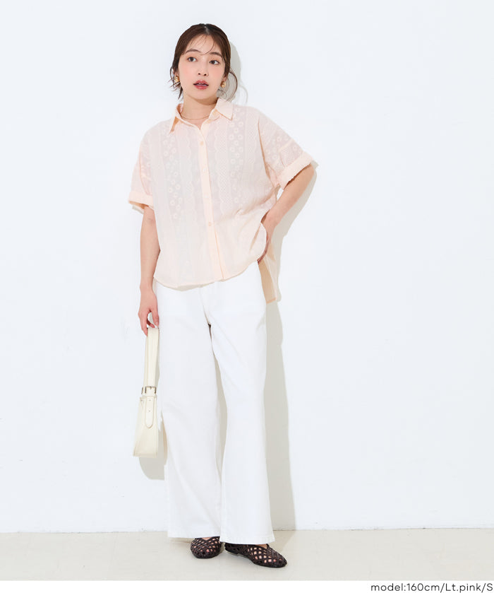 棉質小花蕾絲短袖襯衫 (Cotton lace oversized short-sleeved shirt)