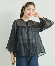 日系透膚波點七分袖襯衫 (Foil dot sheer flared blouse)