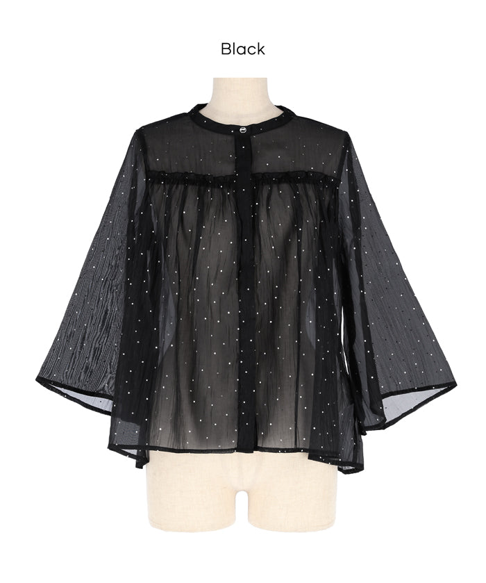 日系透膚波點七分袖襯衫 (Foil dot sheer flared blouse)