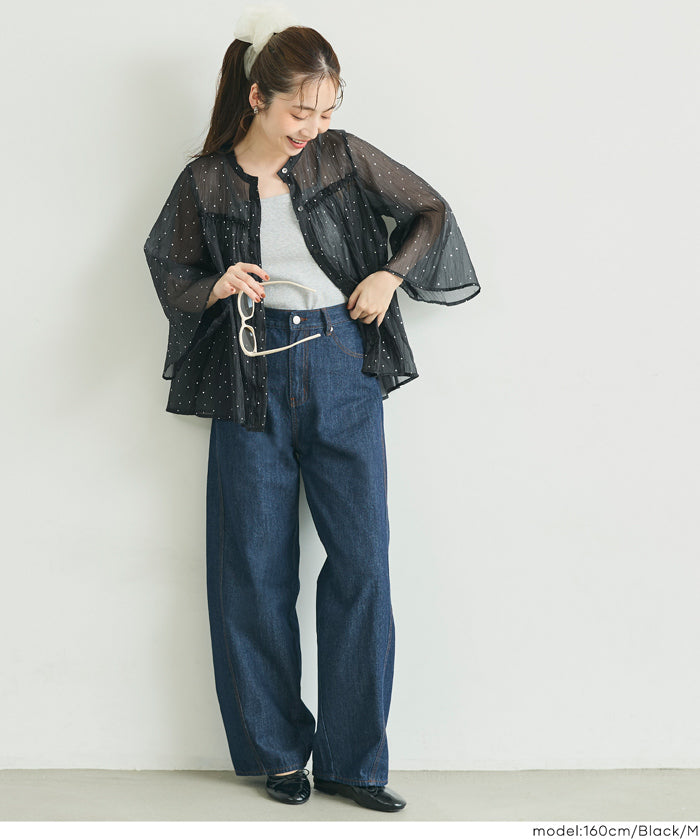 日系透膚波點七分袖襯衫 (Foil dot sheer flared blouse)