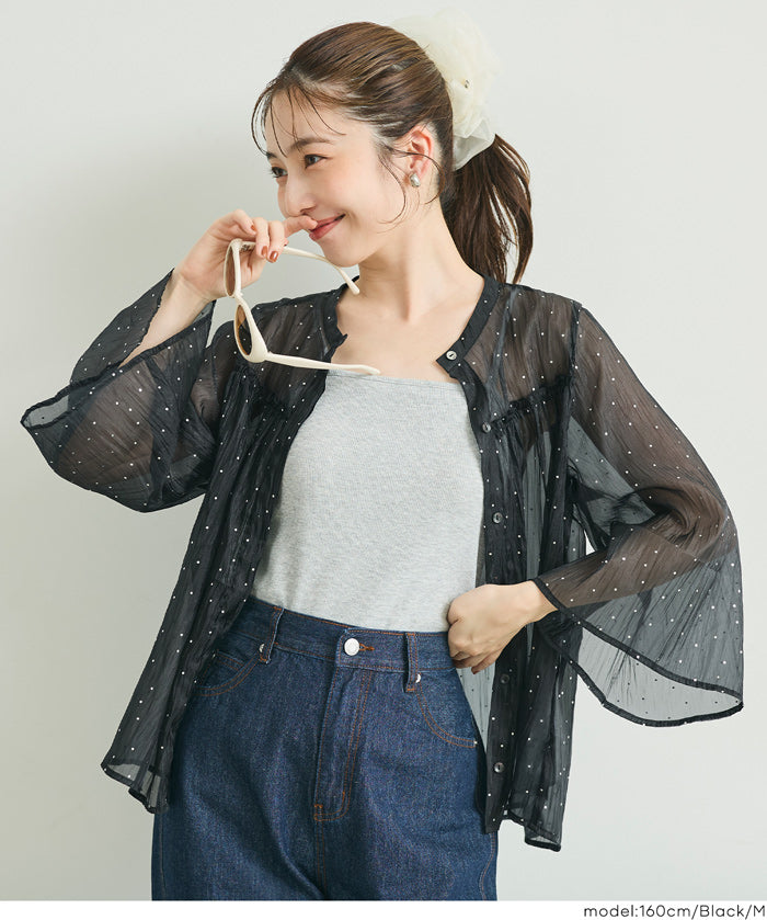 日系透膚波點七分袖襯衫 (Foil dot sheer flared blouse)