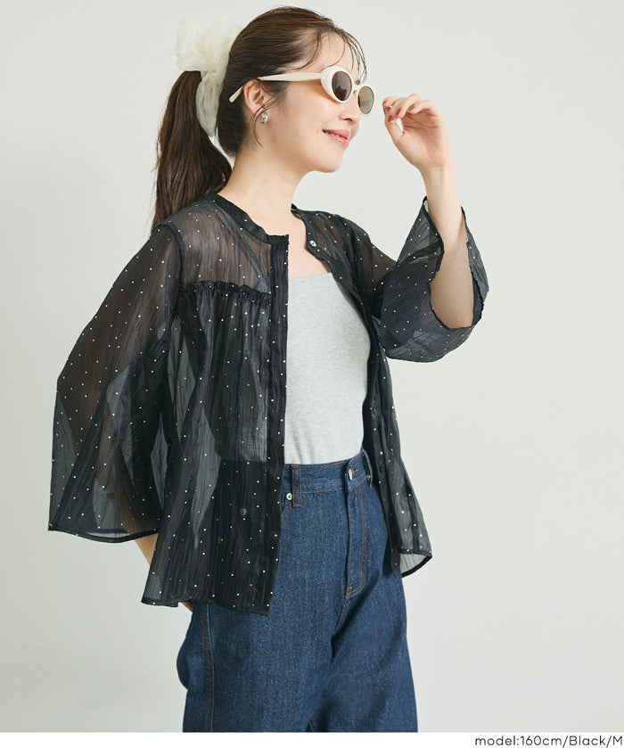 日系透膚波點七分袖襯衫 (Foil dot sheer flared blouse)