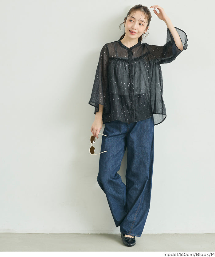 日系透膚波點七分袖襯衫 (Foil dot sheer flared blouse)