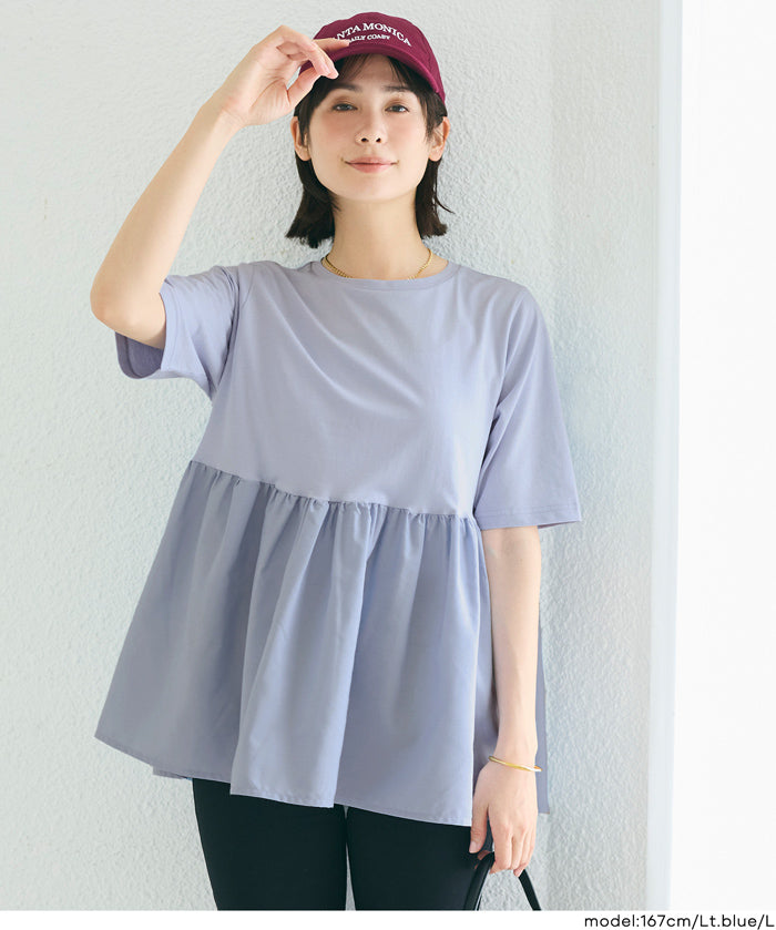 日系微透棉質荷葉拼接娃娃上衣 (Crew neck docking cut and sew top)