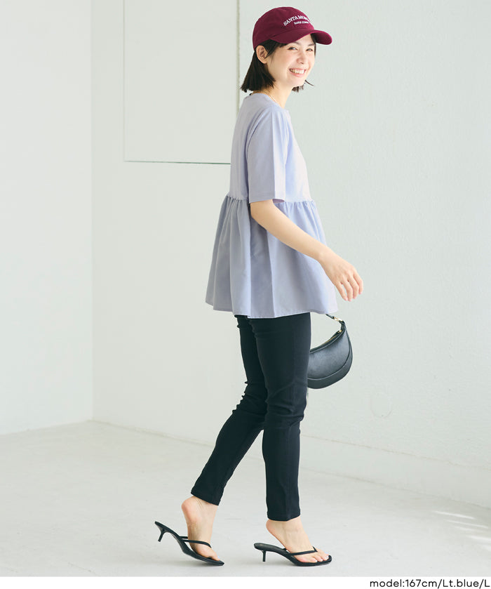 日系微透棉質荷葉拼接娃娃上衣 (Crew neck docking cut and sew top)
