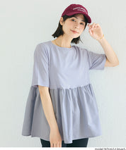 日系微透棉質荷葉拼接娃娃上衣 (Crew neck docking cut and sew top)