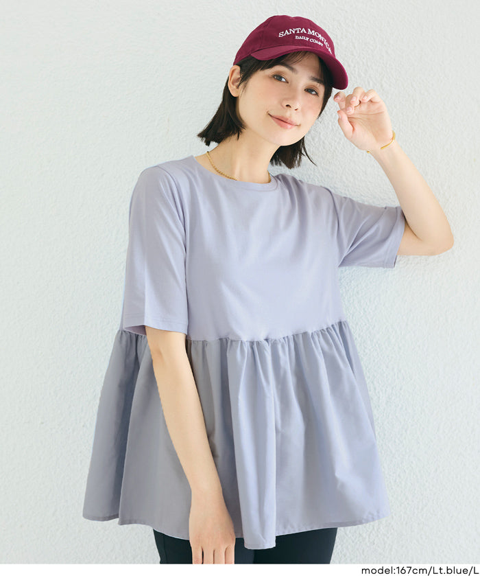 日系微透棉質荷葉拼接娃娃上衣 (Crew neck docking cut and sew top)