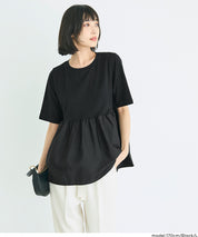 日系微透棉質荷葉拼接娃娃上衣 (Crew neck docking cut and sew top)