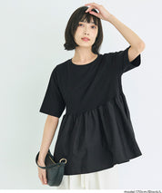 日系微透棉質荷葉拼接娃娃上衣 (Crew neck docking cut and sew top)