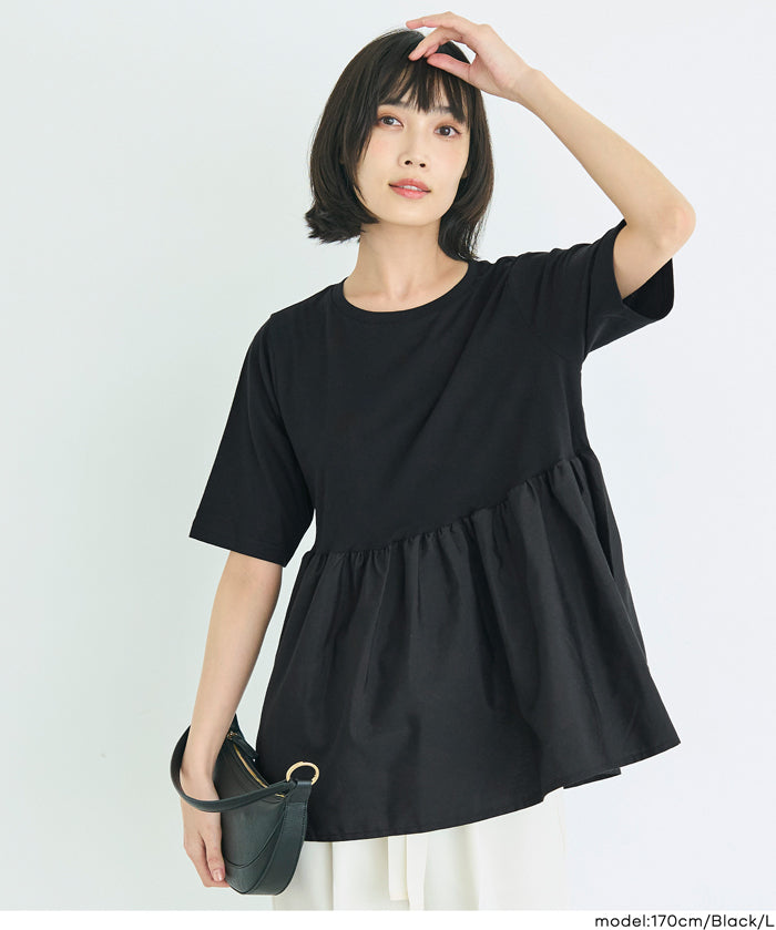 日系微透棉質荷葉拼接娃娃上衣 (Crew neck docking cut and sew top)