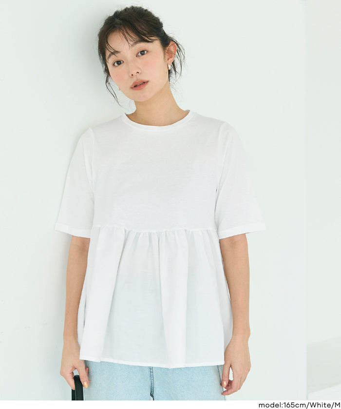 日系微透棉質荷葉拼接娃娃上衣 (Crew neck docking cut and sew top)