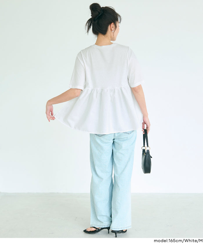 日系微透棉質荷葉拼接娃娃上衣 (Crew neck docking cut and sew top)