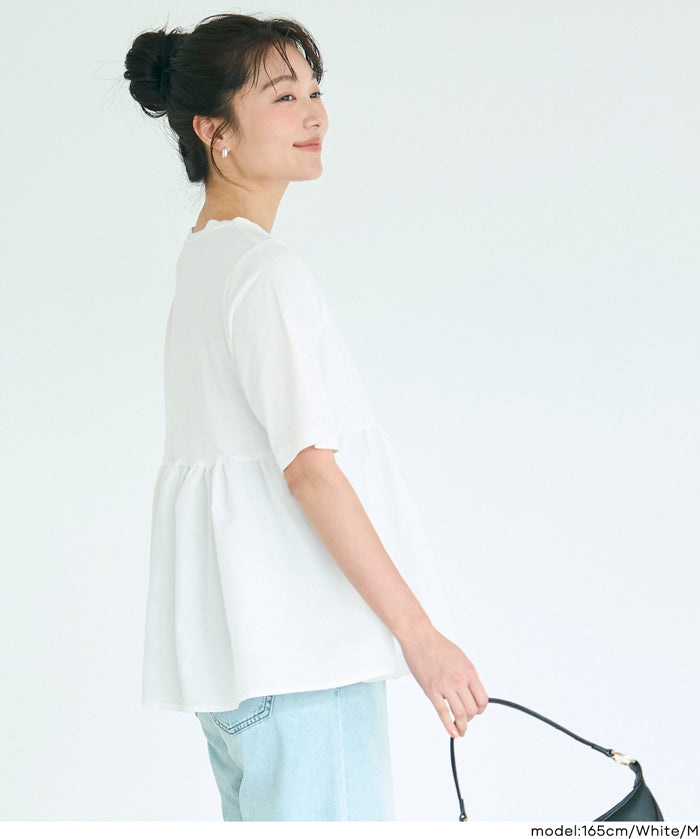 日系微透棉質荷葉拼接娃娃上衣 (Crew neck docking cut and sew top)