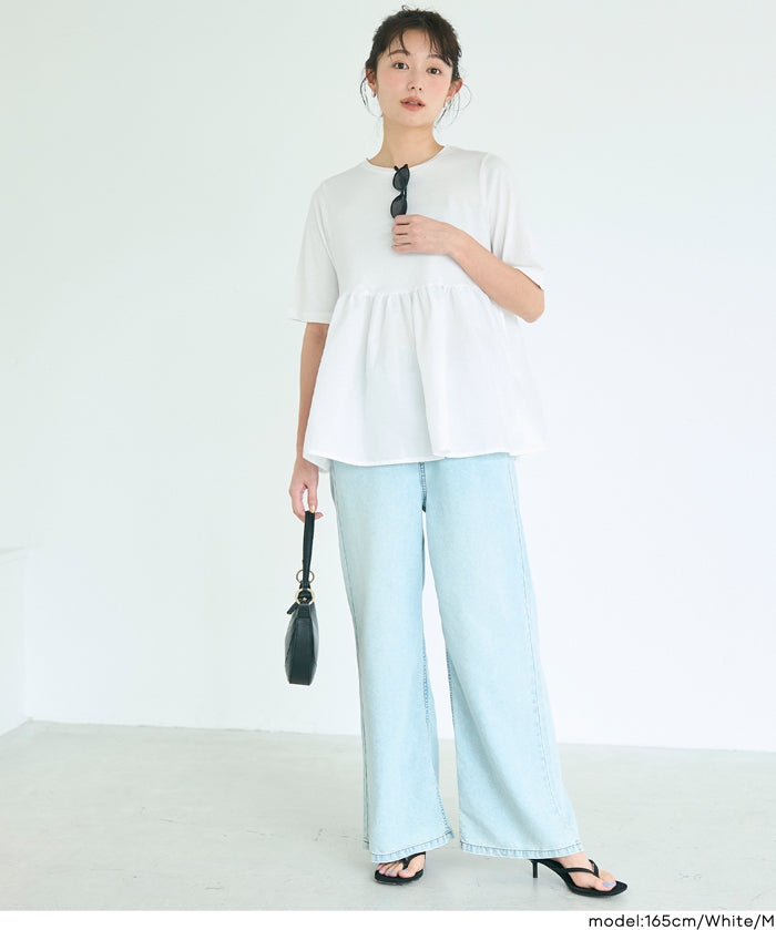 日系微透棉質荷葉拼接娃娃上衣 (Crew neck docking cut and sew top)
