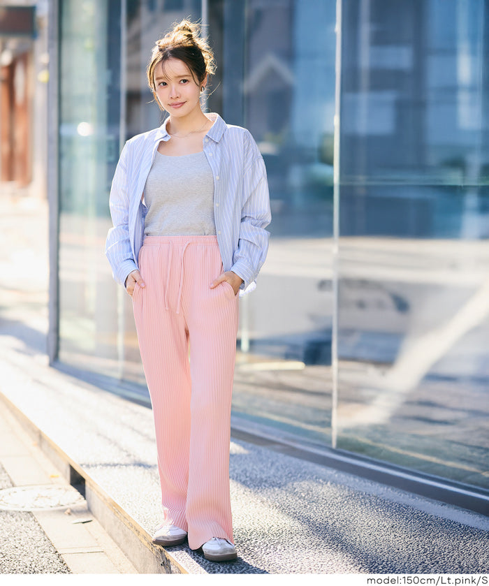 【可剪裁】薄款百褶修身喇叭寬褲