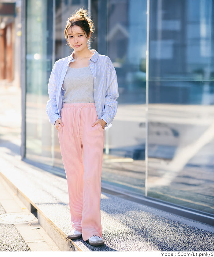 【可剪裁】薄款百褶修身喇叭寬褲