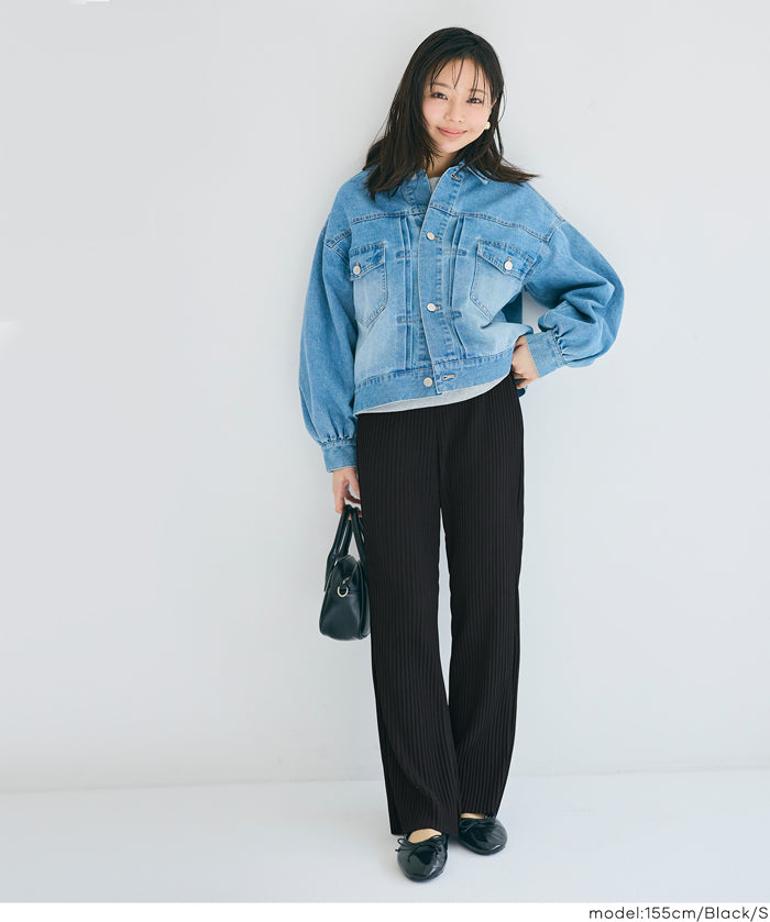 【可剪裁】薄款百褶修身喇叭寬褲