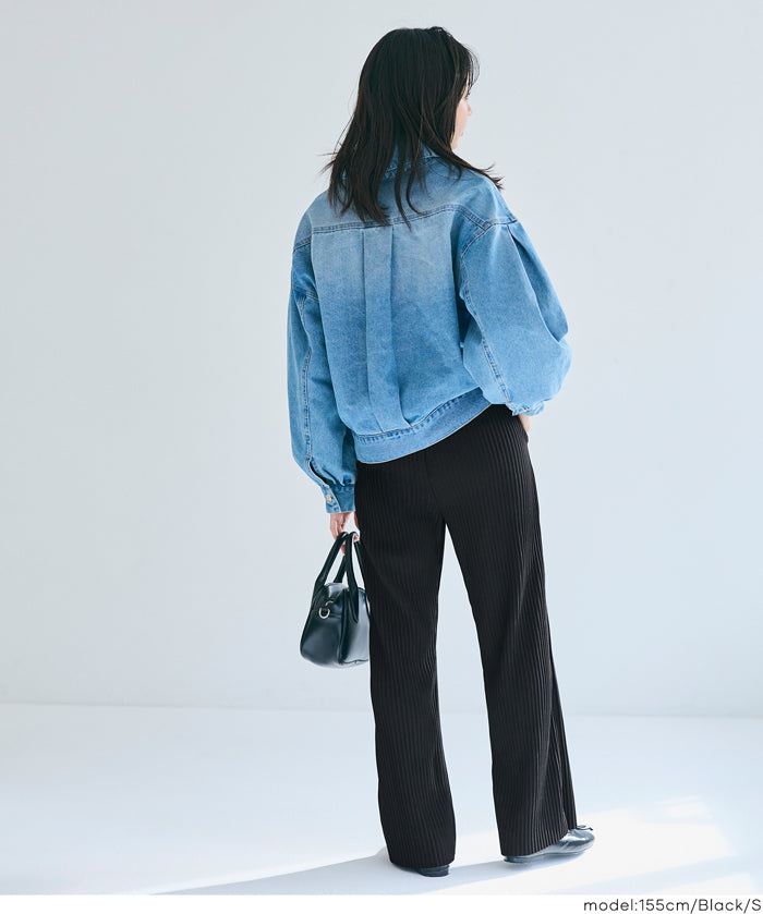 【可剪裁】薄款百褶修身喇叭寬褲