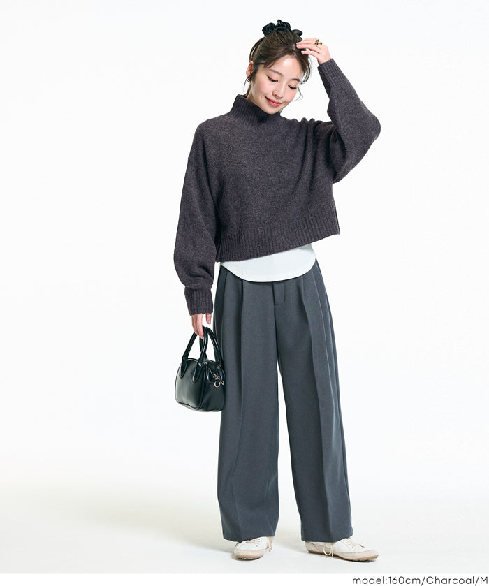 短版半高領泡泡袖毛衣