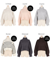 短版半高領泡泡袖毛衣