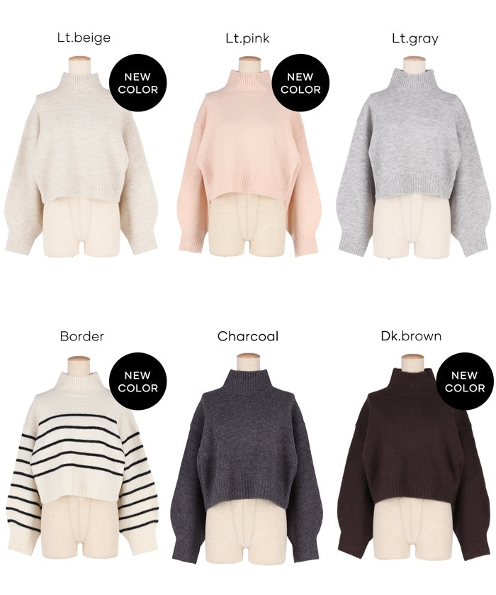 短版半高領泡泡袖毛衣