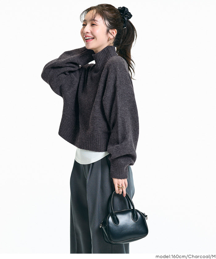 短版半高領泡泡袖毛衣