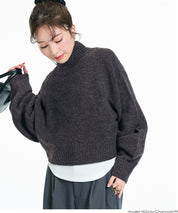 短版半高領泡泡袖毛衣