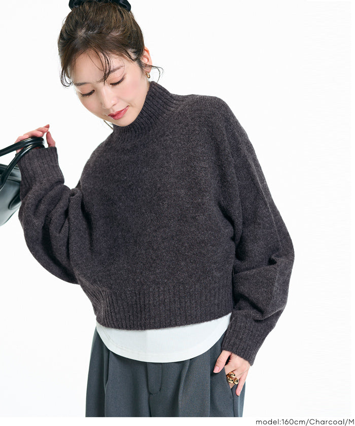 短版半高領泡泡袖毛衣