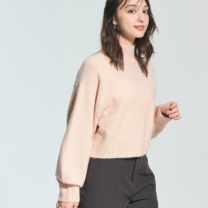 短版半高領泡泡袖毛衣