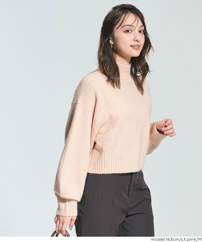 短版半高領泡泡袖毛衣