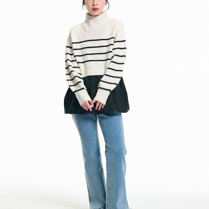 短版半高領泡泡袖毛衣