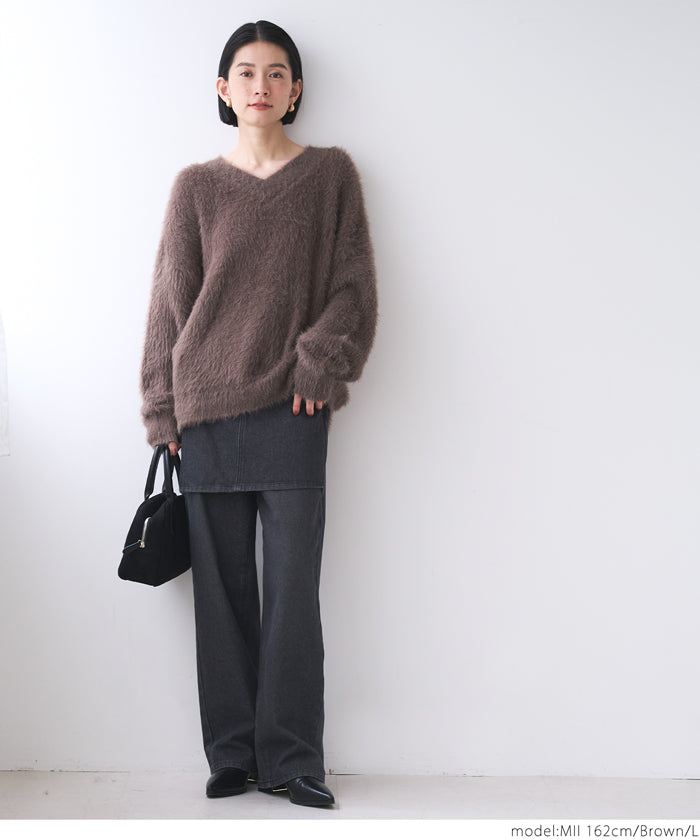 Shaggy knit V-neck top