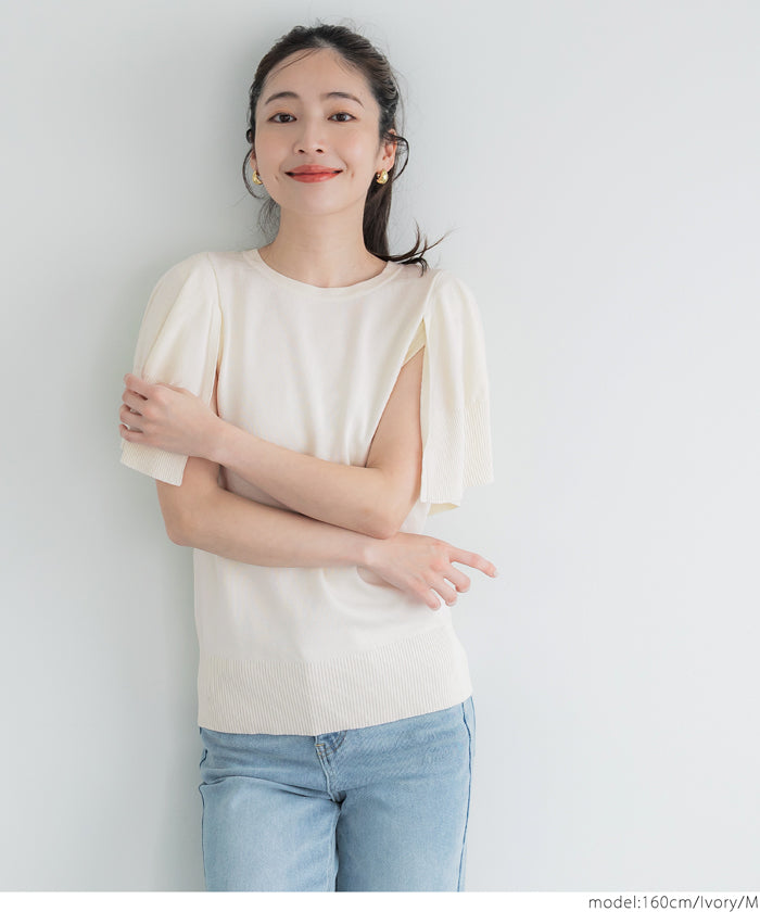Cape-style short-sleeved light-knit top 