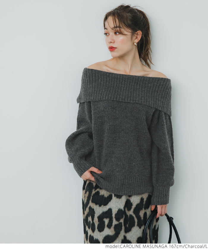 Balloon sleeve off-shoulder knit top