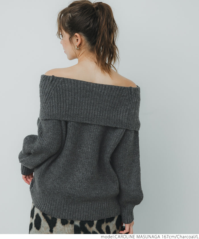 Balloon sleeve off-shoulder knit top