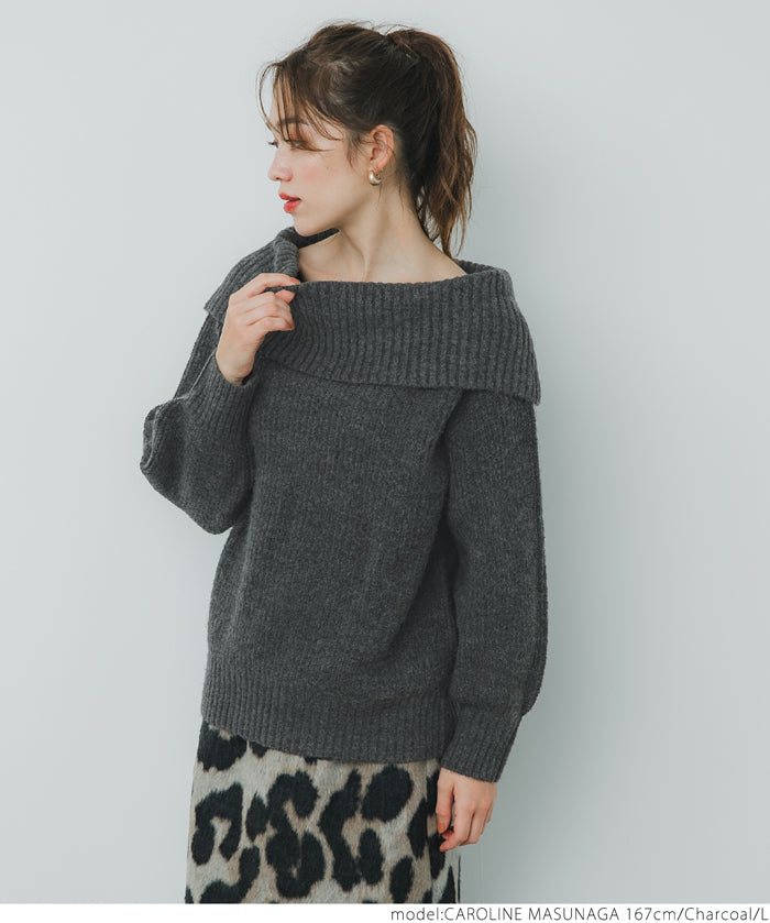 Balloon sleeve off-shoulder knit top