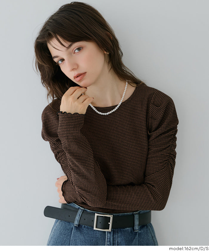 Thin pleated long sleeve round neck willow top