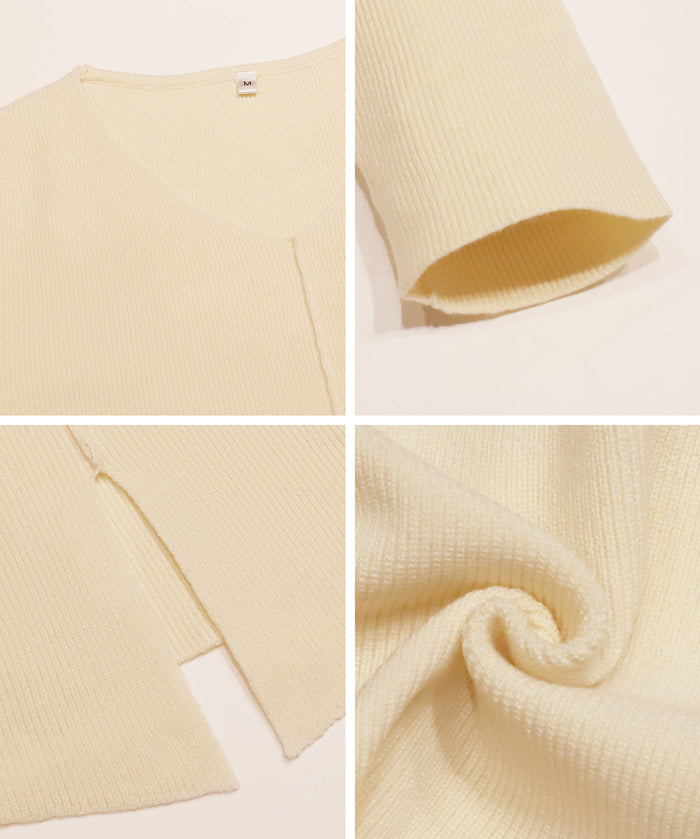 V領開岔造型薄針織上衣