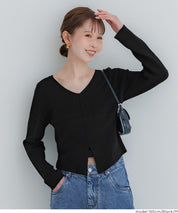 V領開岔造型薄針織上衣