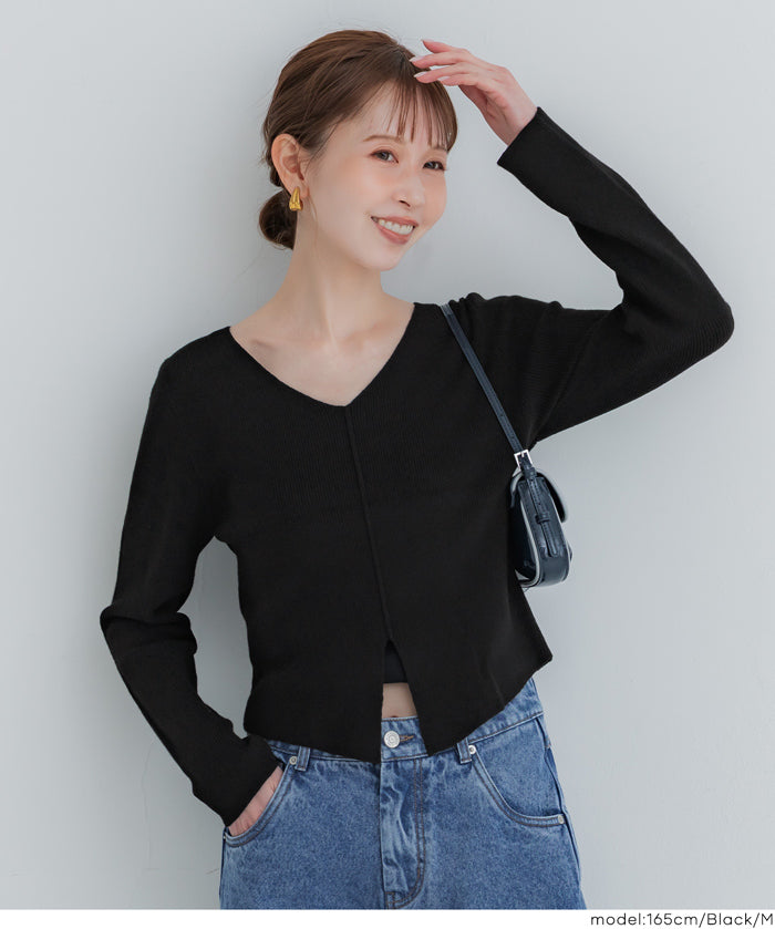 V領開岔造型薄針織上衣