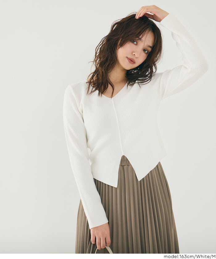 V領開岔造型薄針織上衣