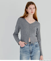 V領開岔造型薄針織上衣