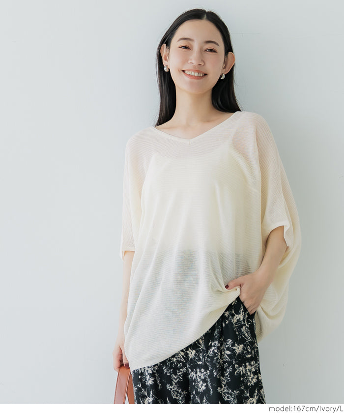 寬鬆修身V領飛鼠袖透膚針織上衣
